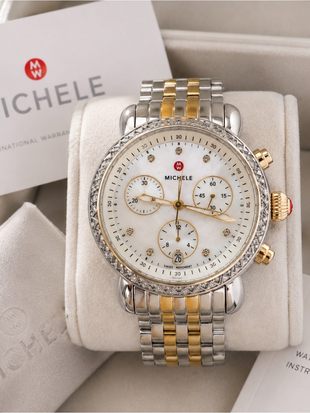 Michele Two-Tone Gold and Silver Mother-of-Pearl Diamond Chronograph Watch